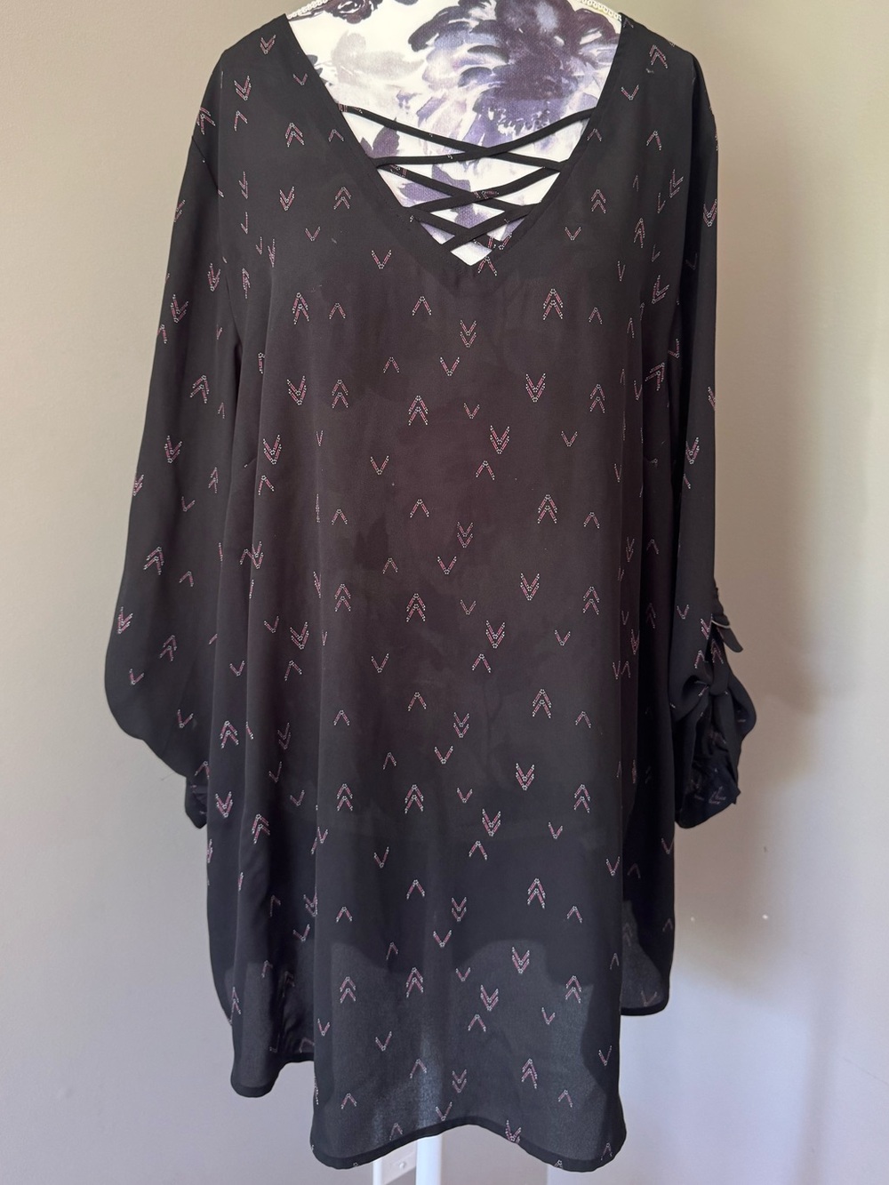 Maurices Black Lace-Up V-Neck Top with Pink Chevron Accents
